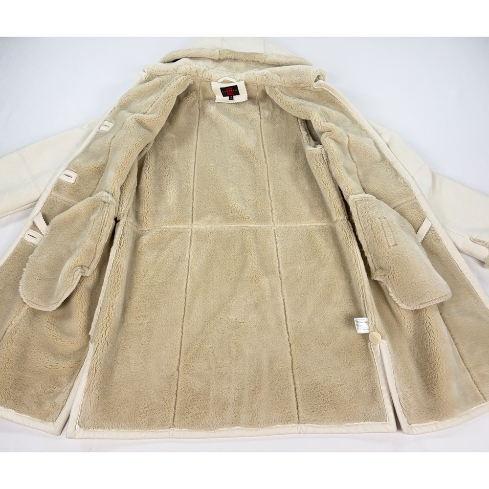 Vintage Gallery Women's Medium Faux Suede Shearling Fur Hooded Coat Cream Jacket - Picture 3 of 9